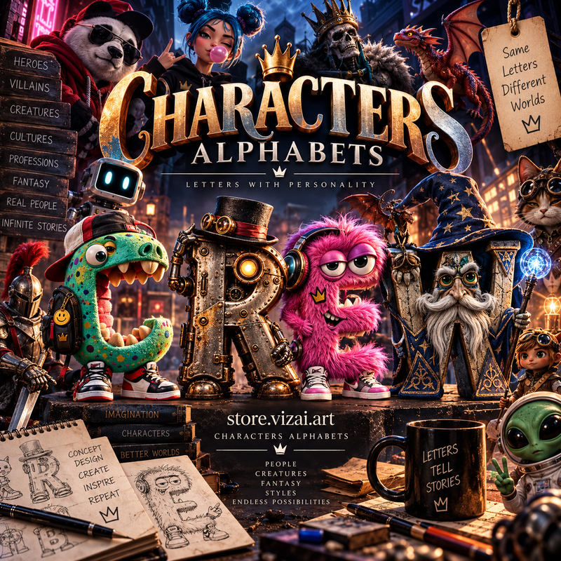 Character alphabet letters spelling HEROES, from clown, vampire, dragon, unicorn, AI and castle sets