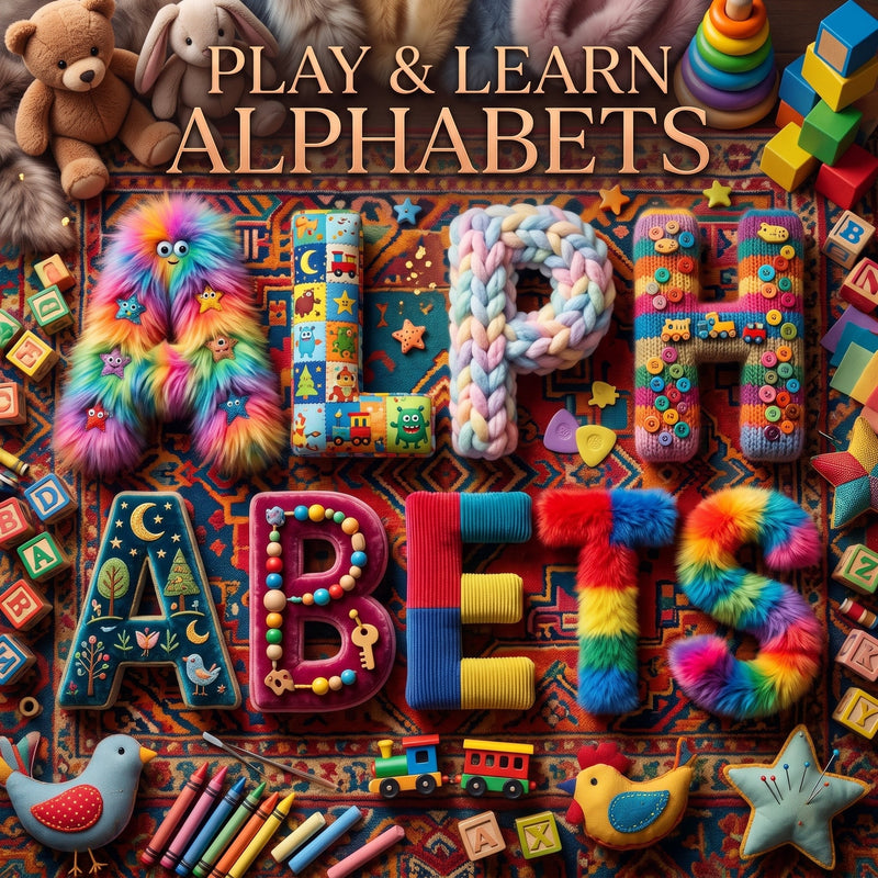 Kids alphabet letters spelling LITTLE, from unicorn, teddy bear, panda, owl, fox and ladybird sets