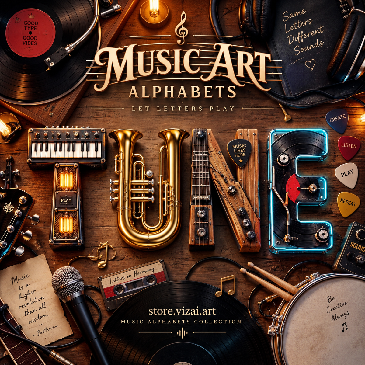 Music alphabet letters spelling RHYTHM, from guitar, musical notes and microphone sets