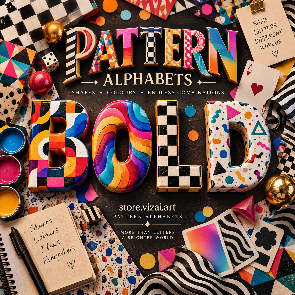 Pattern alphabet letters spelling DESIGN, from colorful, cinema, clown, candies and bananas sets