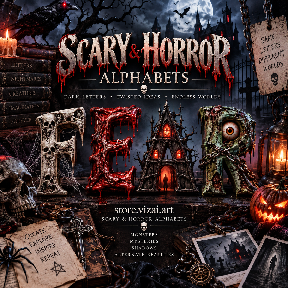 Horror alphabet letters spelling HORROR, from vampire, sugar skull, devil, black smoke and monster sets