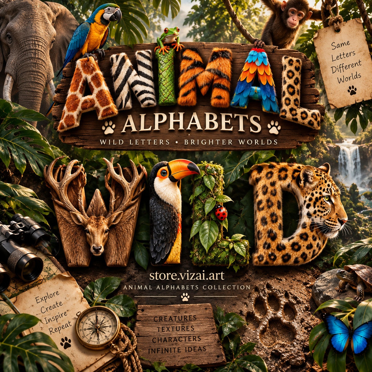 Animal alphabet letters spelling ANIMAL, from fox, owl, panda, elephant, dolphin and butterfly sets