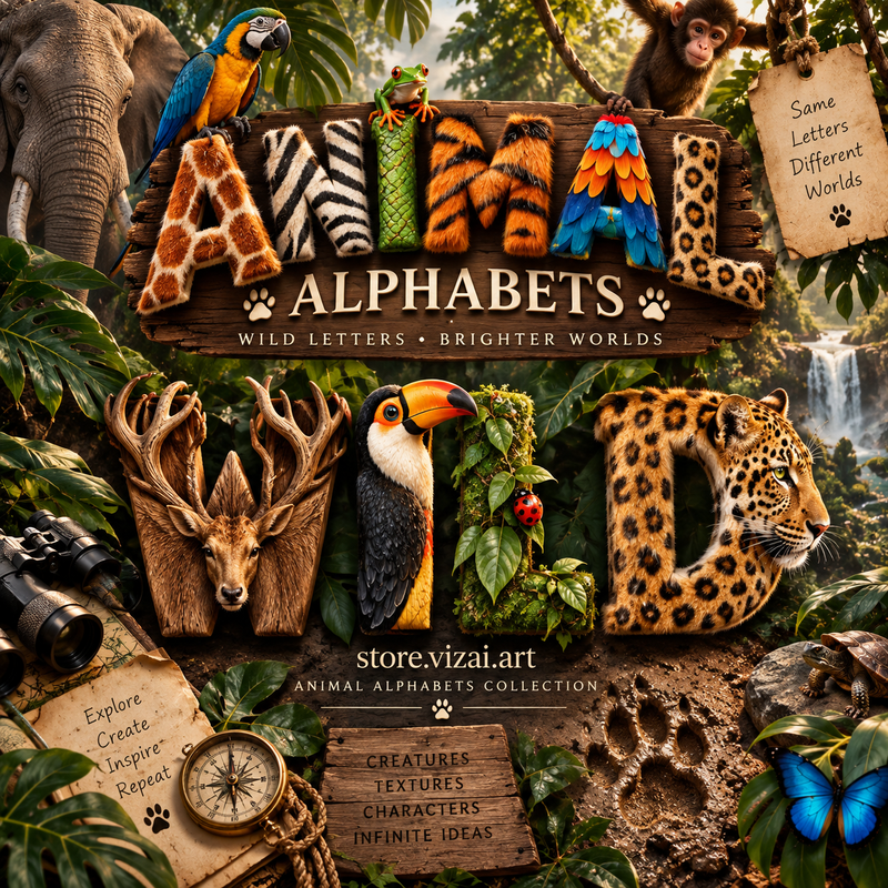 Animal alphabet letters spelling ANIMAL, from fox, owl, panda, elephant, dolphin and butterfly sets