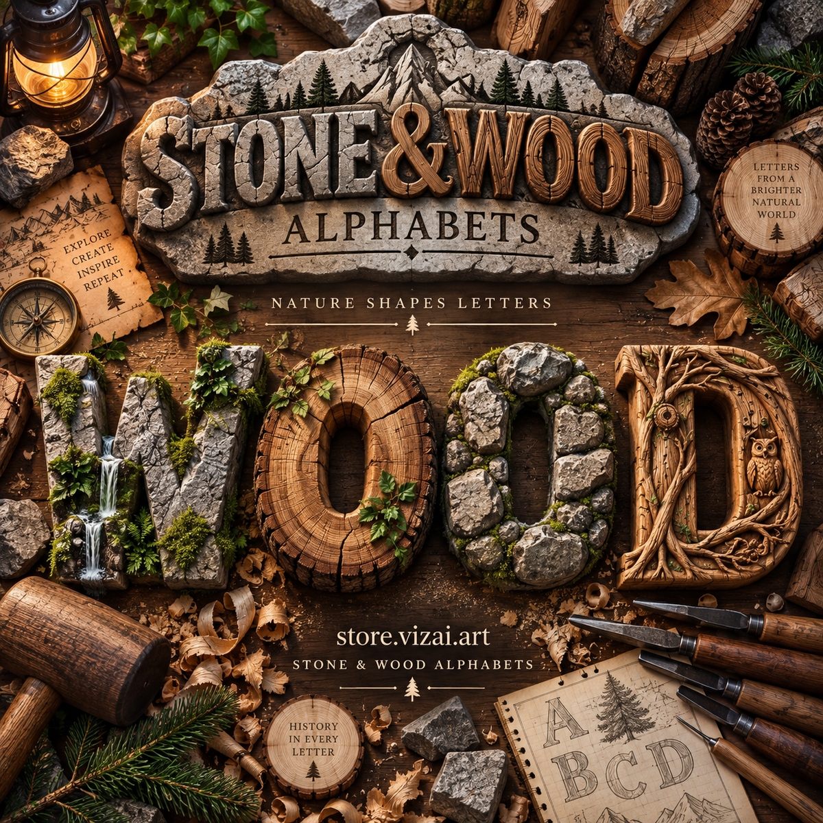 Stone & Wood Alphabets from VizAI Art