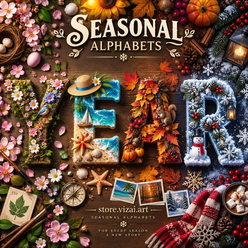 Seasonal alphabet letters spelling SEASON, from Christmas, Halloween, skeleton, penguin and zombie sets