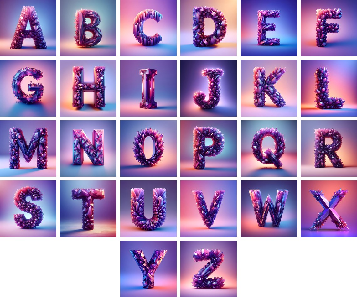 Amethyst Crystal alphabet — all 26 letters