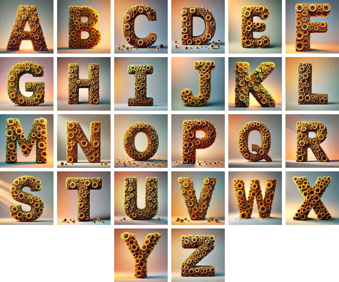 Amber Sunflower alphabet — all 26 letters