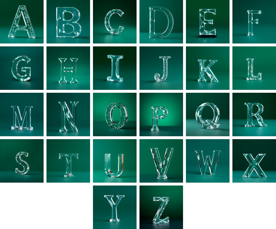 Glass Emerald Shine alphabet — all 26 letters