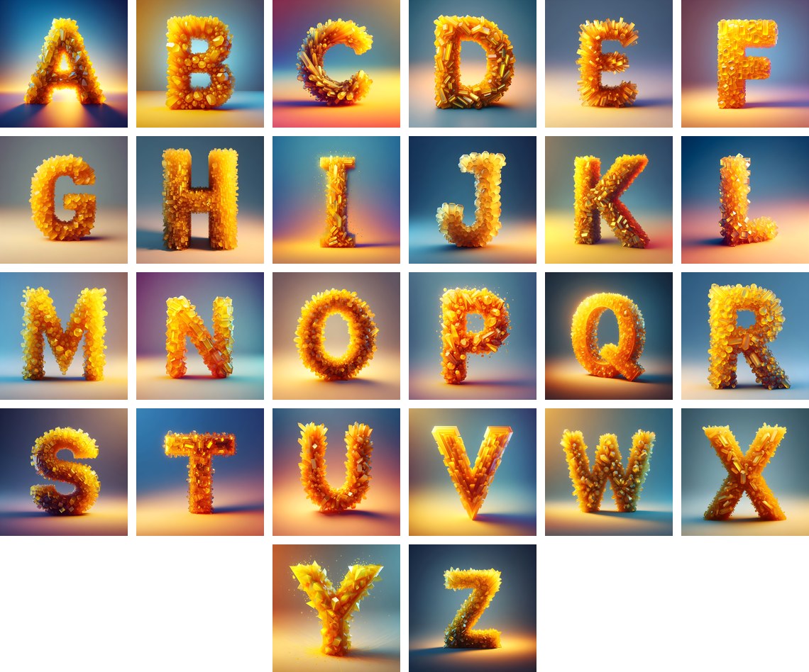 Citrine Crystal alphabet — all 26 letters
