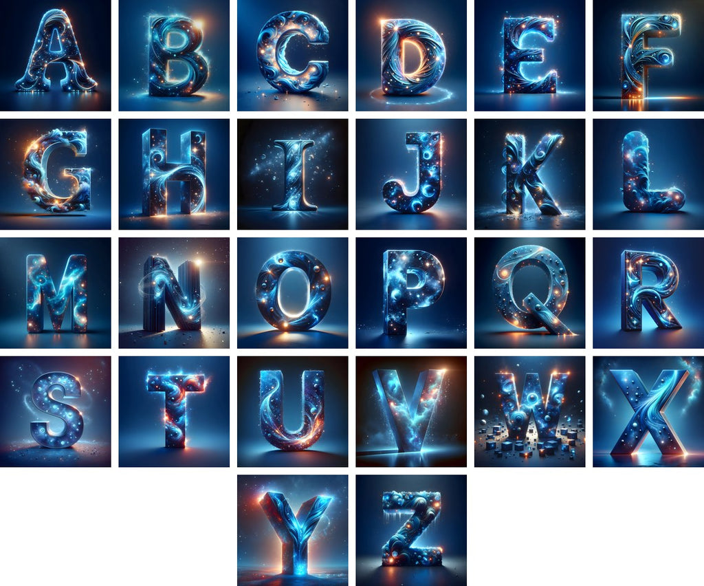 Celestial Blue Glow alphabet — all 26 letters