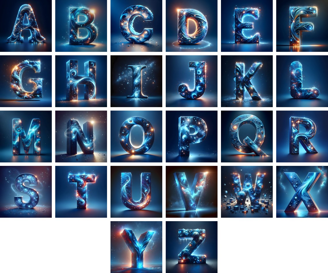 Celestial Blue Glow alphabet — all 26 letters