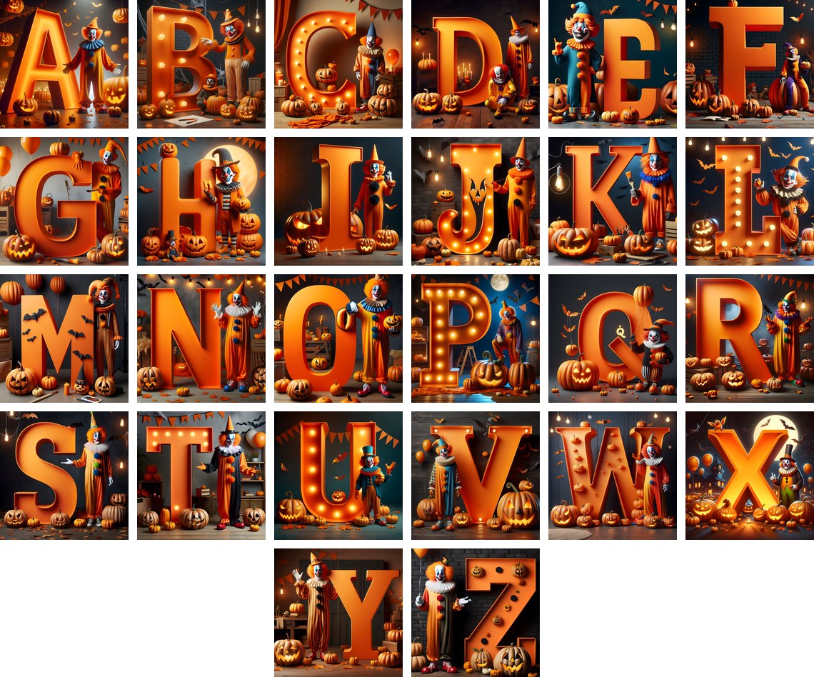 Carnival Clown Night alphabet — all 26 letters