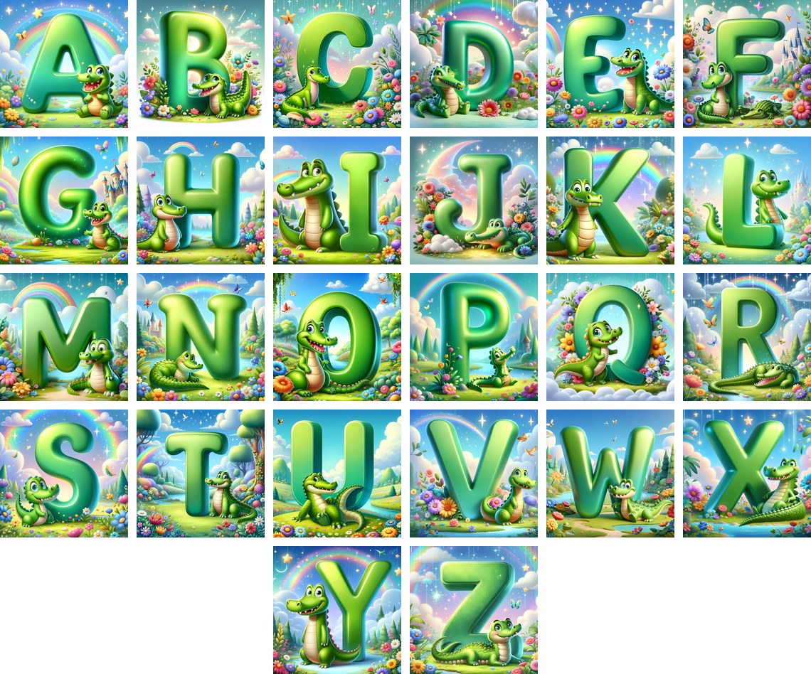 Storybook Crocodile alphabet — all 26 letters