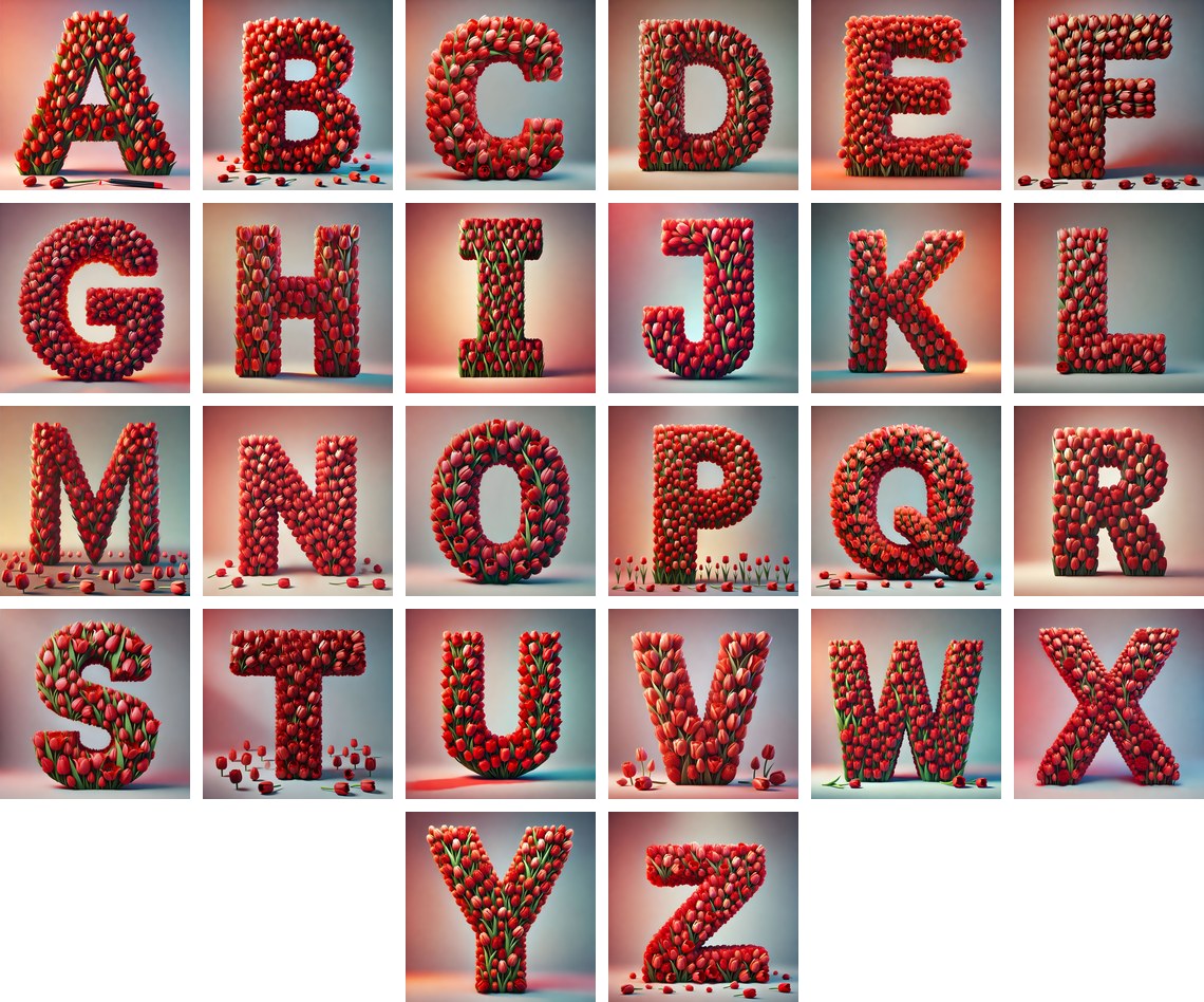 Scarlet Tulip Bloom alphabet — all 26 letters