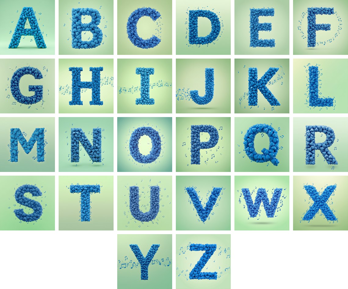 Blue Heart Drift alphabet — all 26 letters