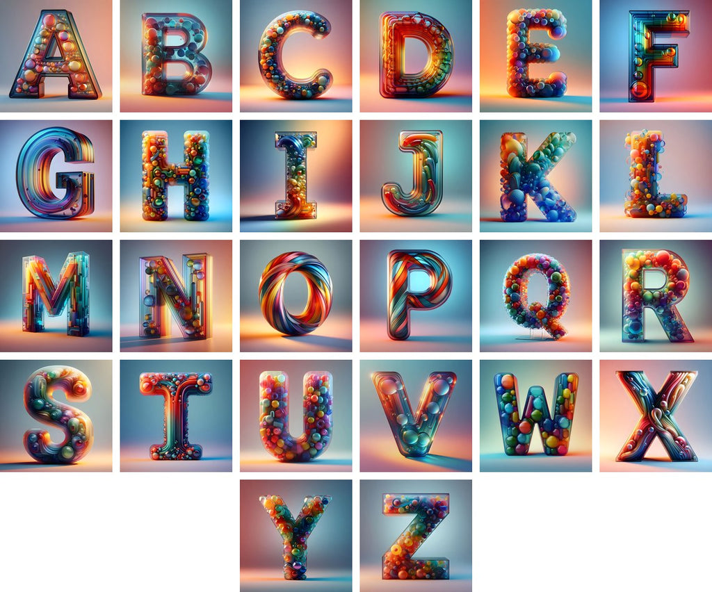 Rainbow Glass Bubble alphabet — all 26 letters