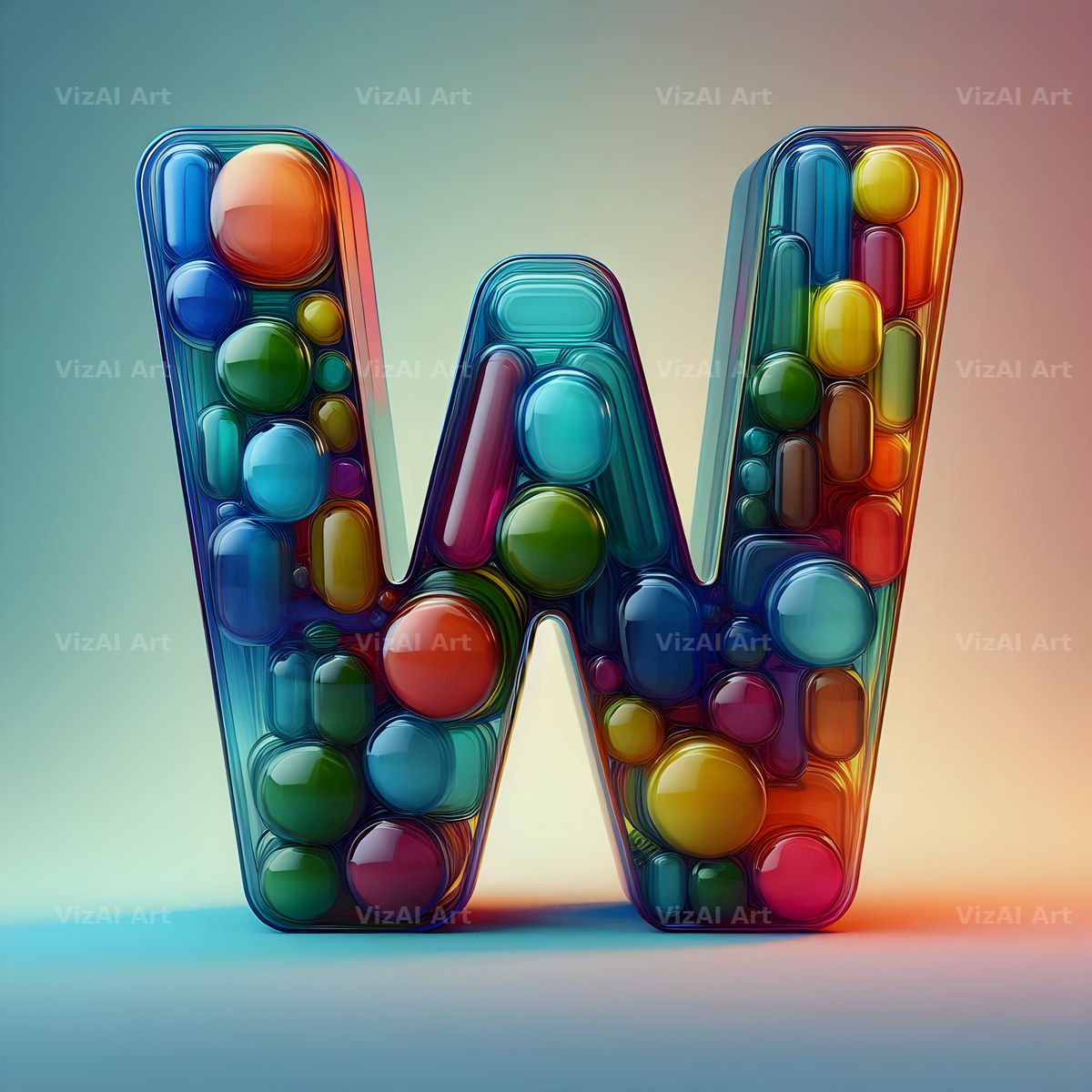 Rainbow Glass Bubble alphabet letter W