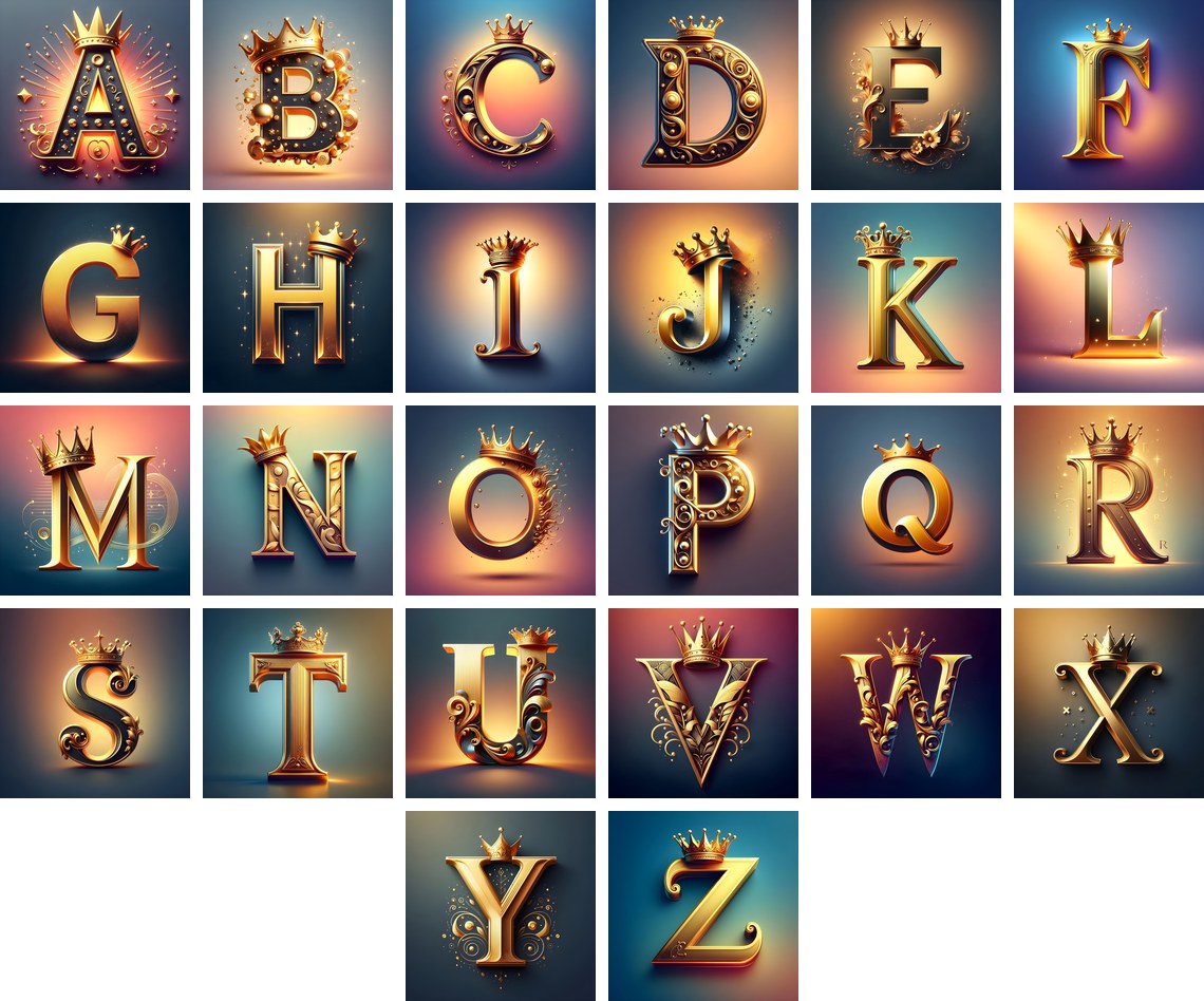Royal Crown Gold alphabet — all 26 letters