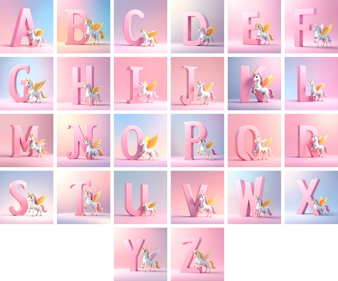 Pastel Pegasus Foal alphabet — all 26 letters