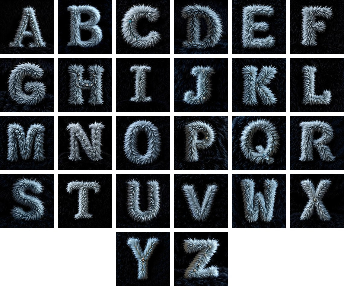 Silver Plush Fur alphabet — all 26 letters