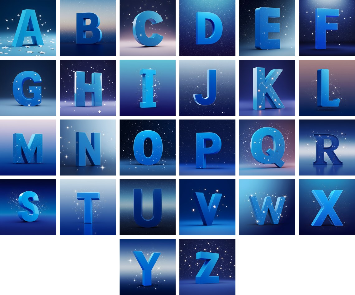 Starlit Night Sky alphabet — all 26 letters