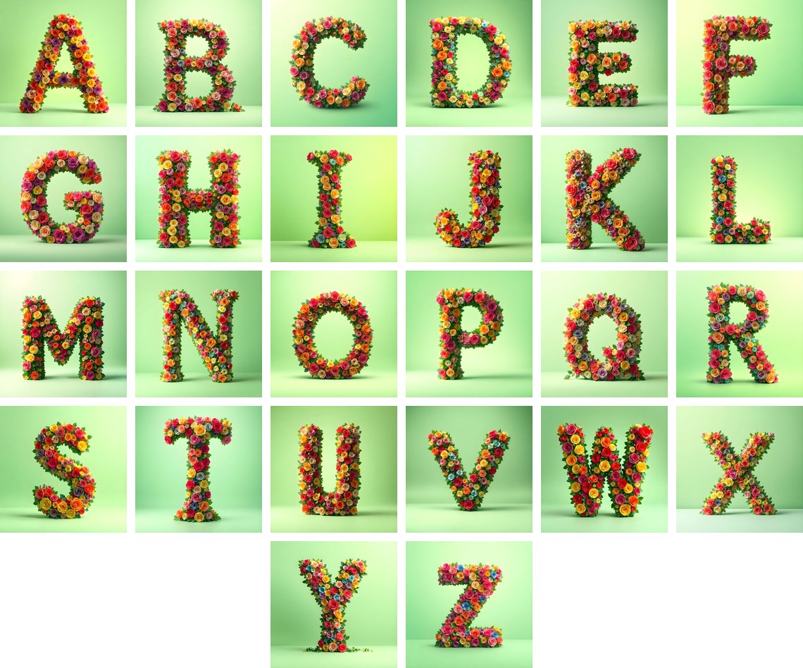 Rainbow Rose Bloom alphabet — all 26 letters
