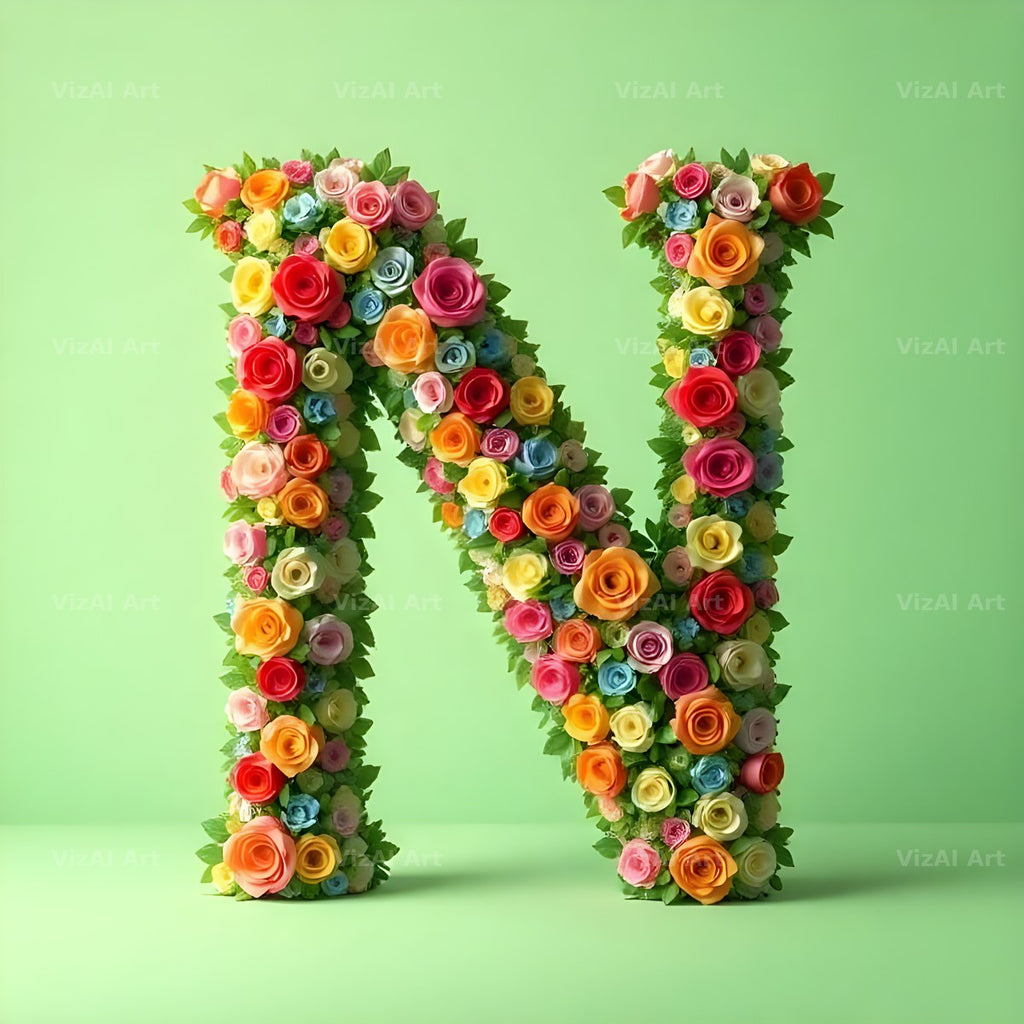 Rainbow Rose Bloom alphabet letter N