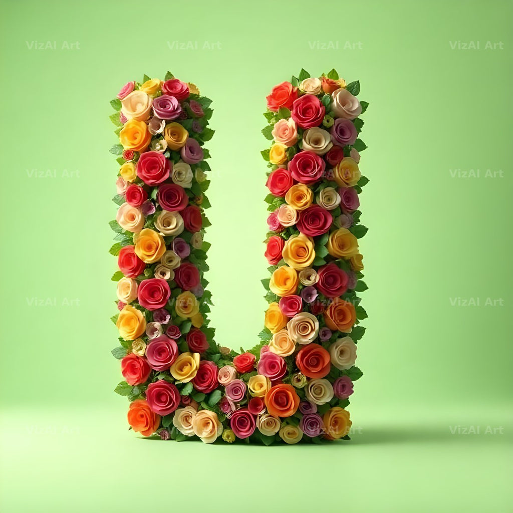 Rainbow Rose Bloom alphabet letter U