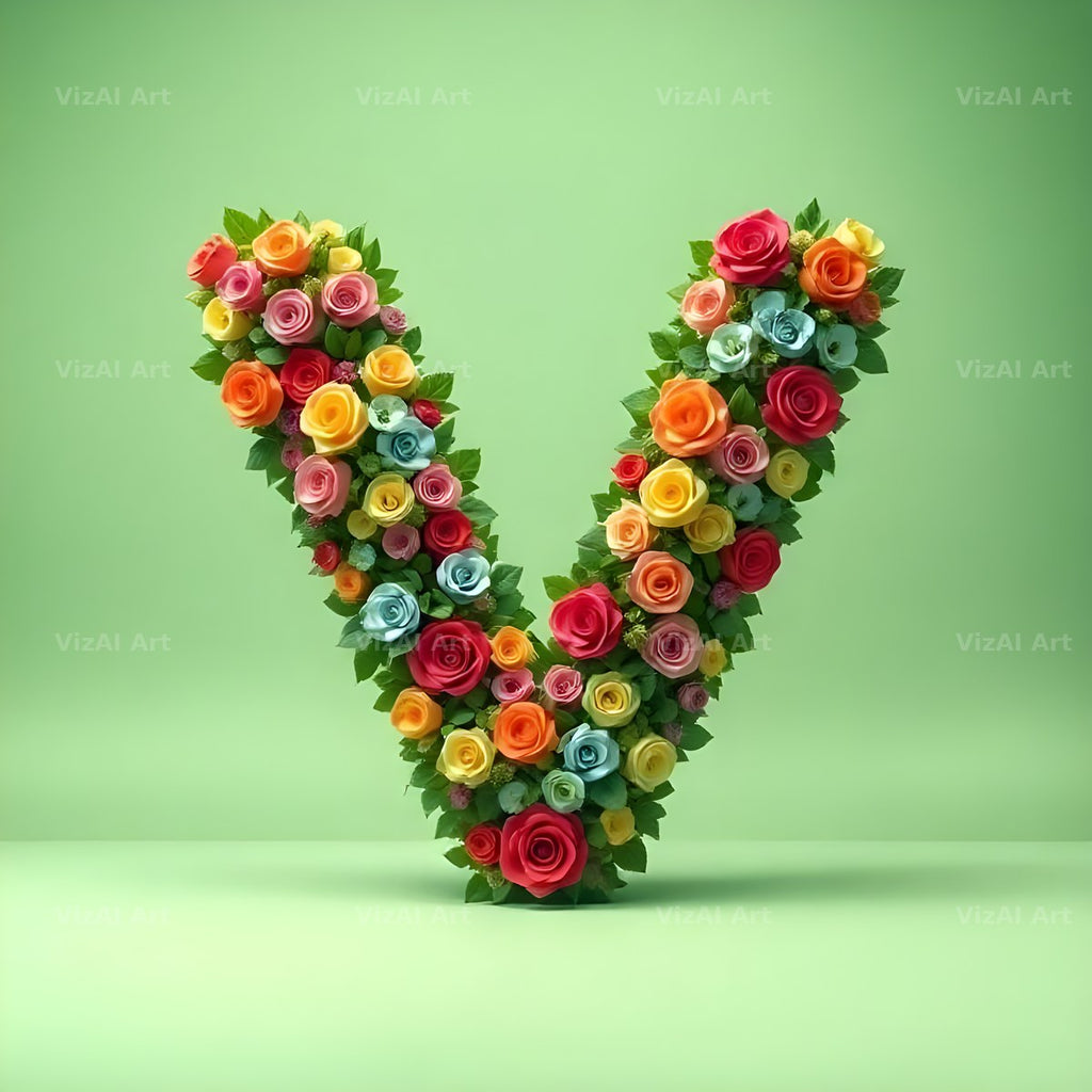 Rainbow Rose Bloom alphabet letter V