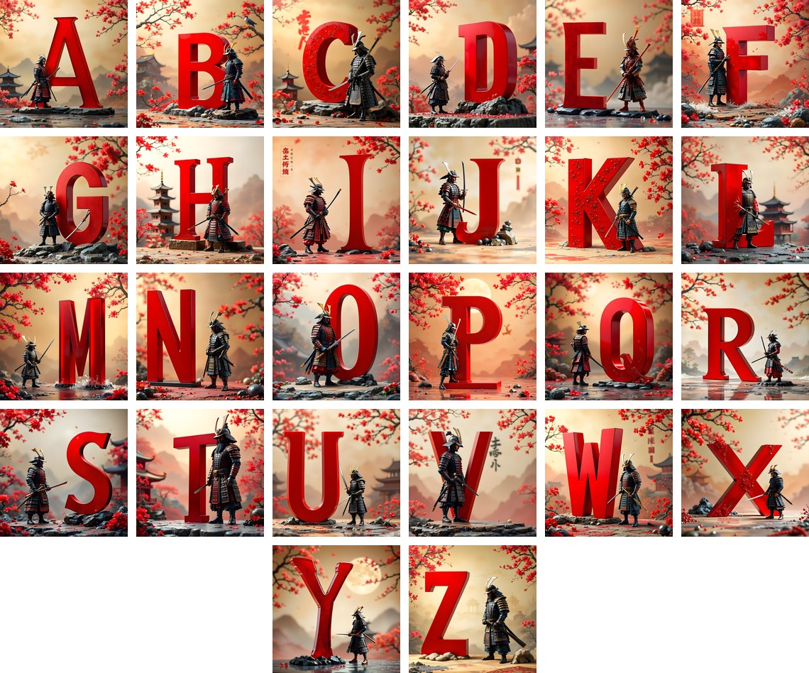 Samurai Blossom alphabet — all 26 letters