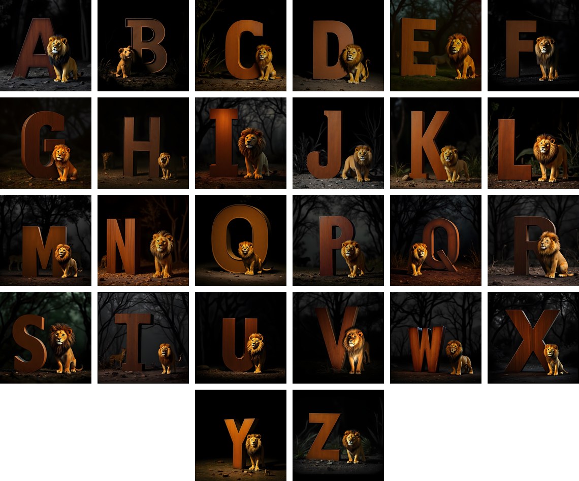 Bronze Lion Night alphabet — all 26 letters