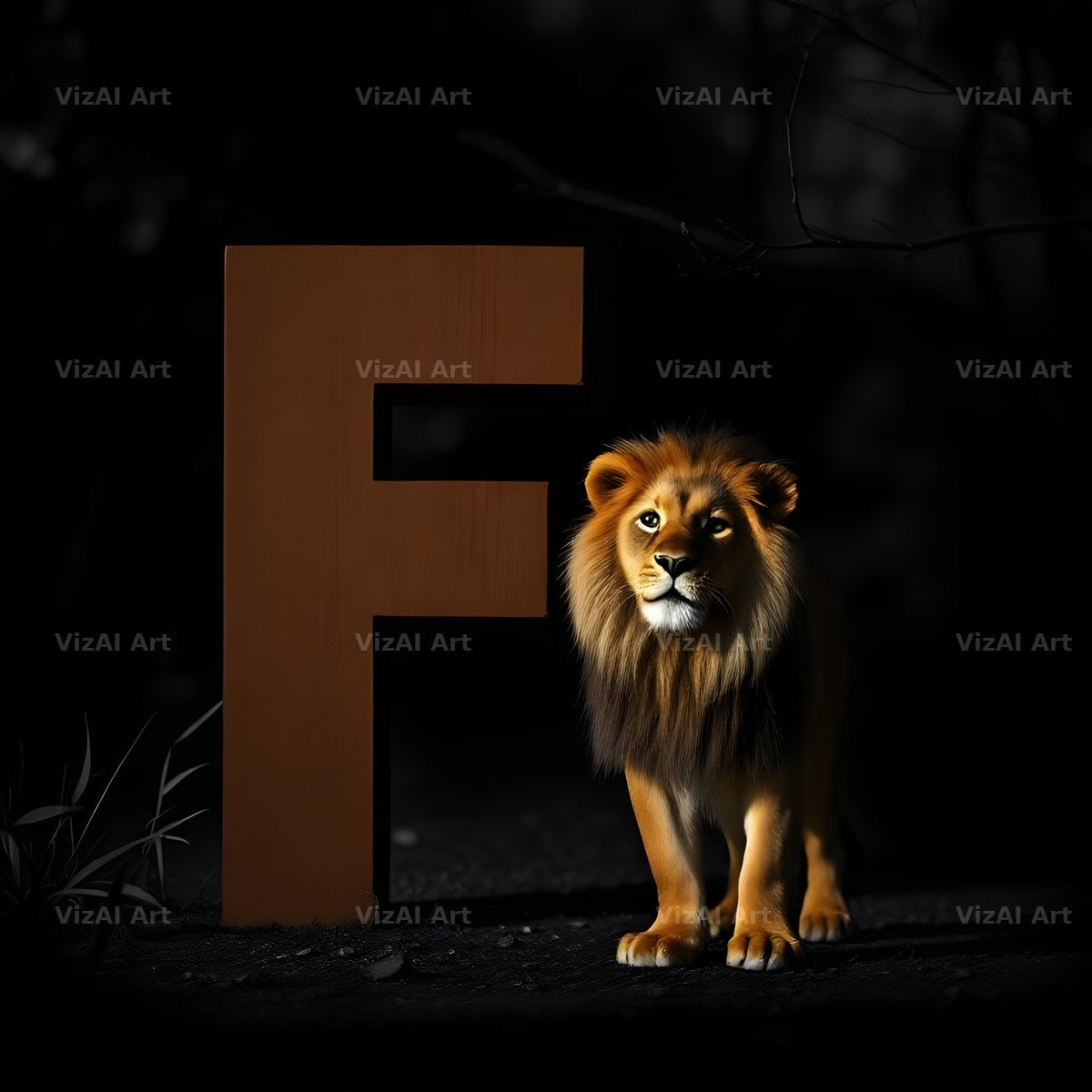 Bronze Lion Night alphabet letter F