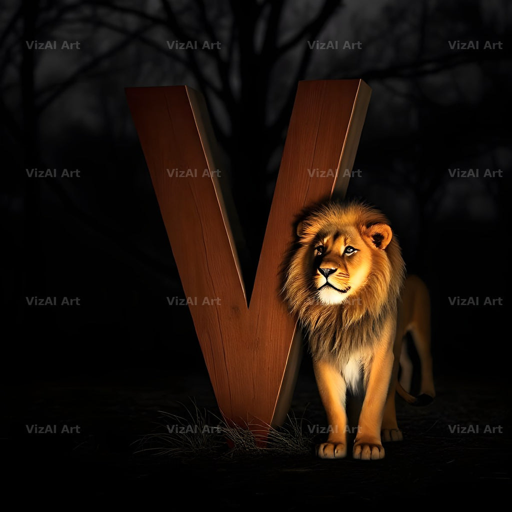 Bronze Lion Night alphabet letter V