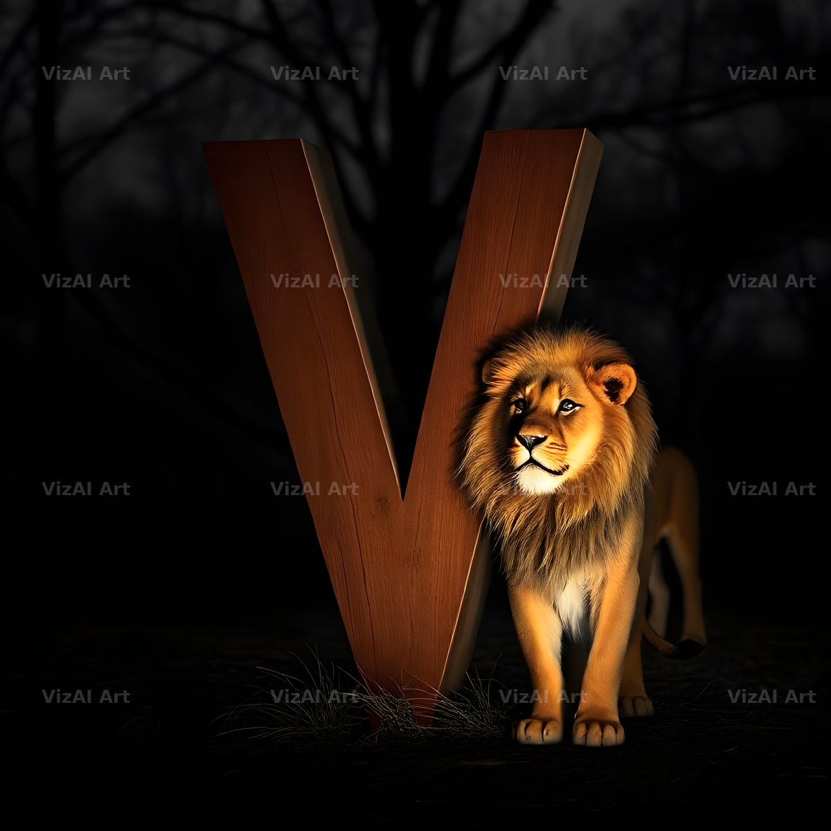 Bronze Lion Night alphabet letter V