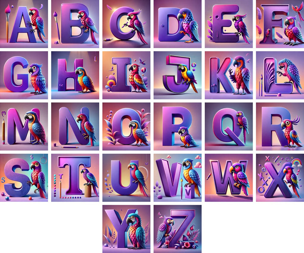 Parrot Paint Purple alphabet — all 26 letters