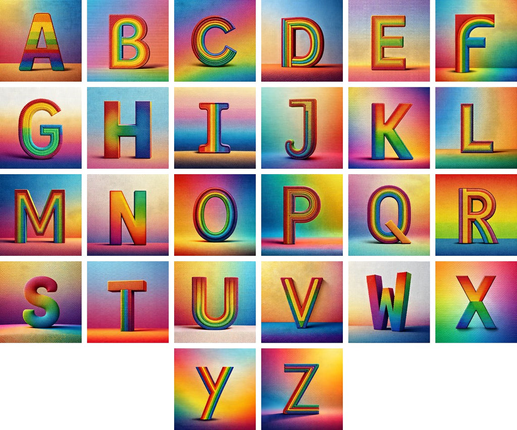 Rainbow Knit Textile alphabet — all 26 letters