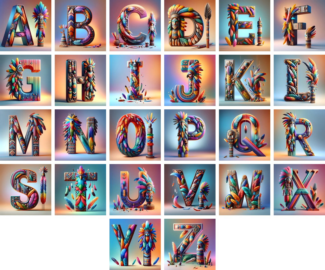Carved Totem Pole alphabet — all 26 letters