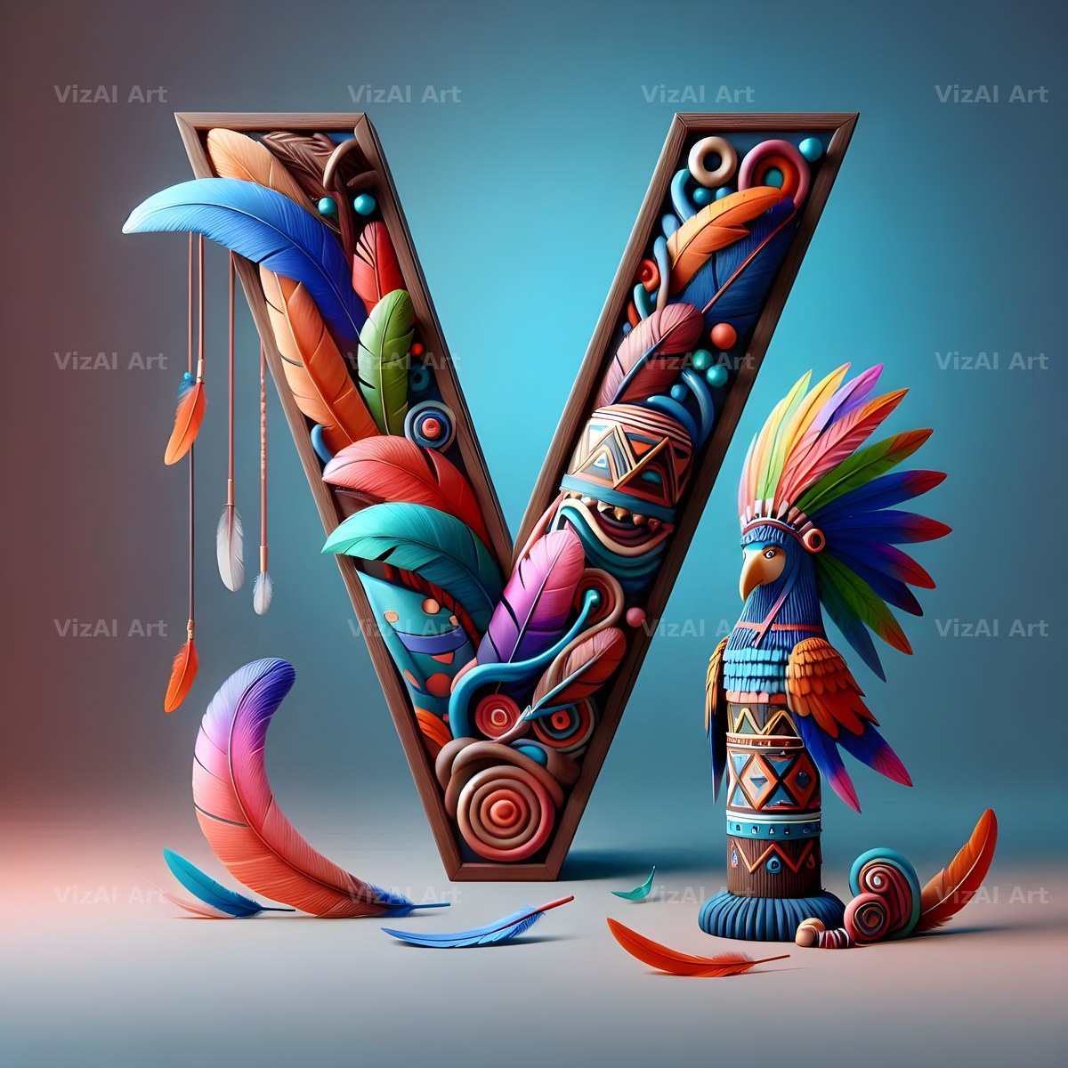 Carved Totem Pole alphabet letter V