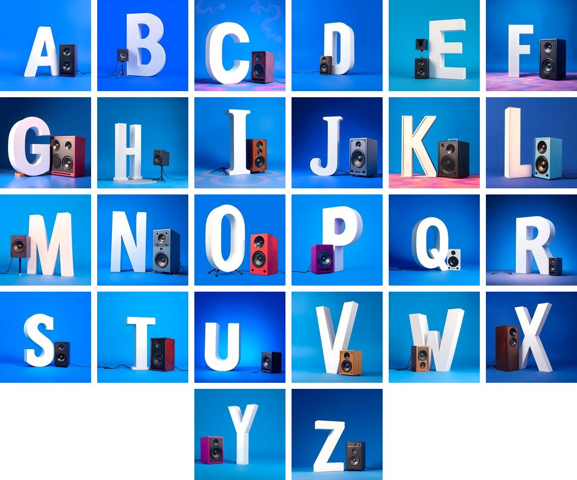 Blue Speaker Bass alphabet — all 26 letters