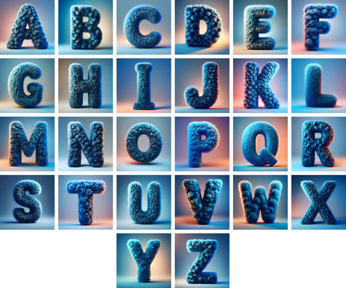 Blue Plush Fur alphabet — all 26 letters