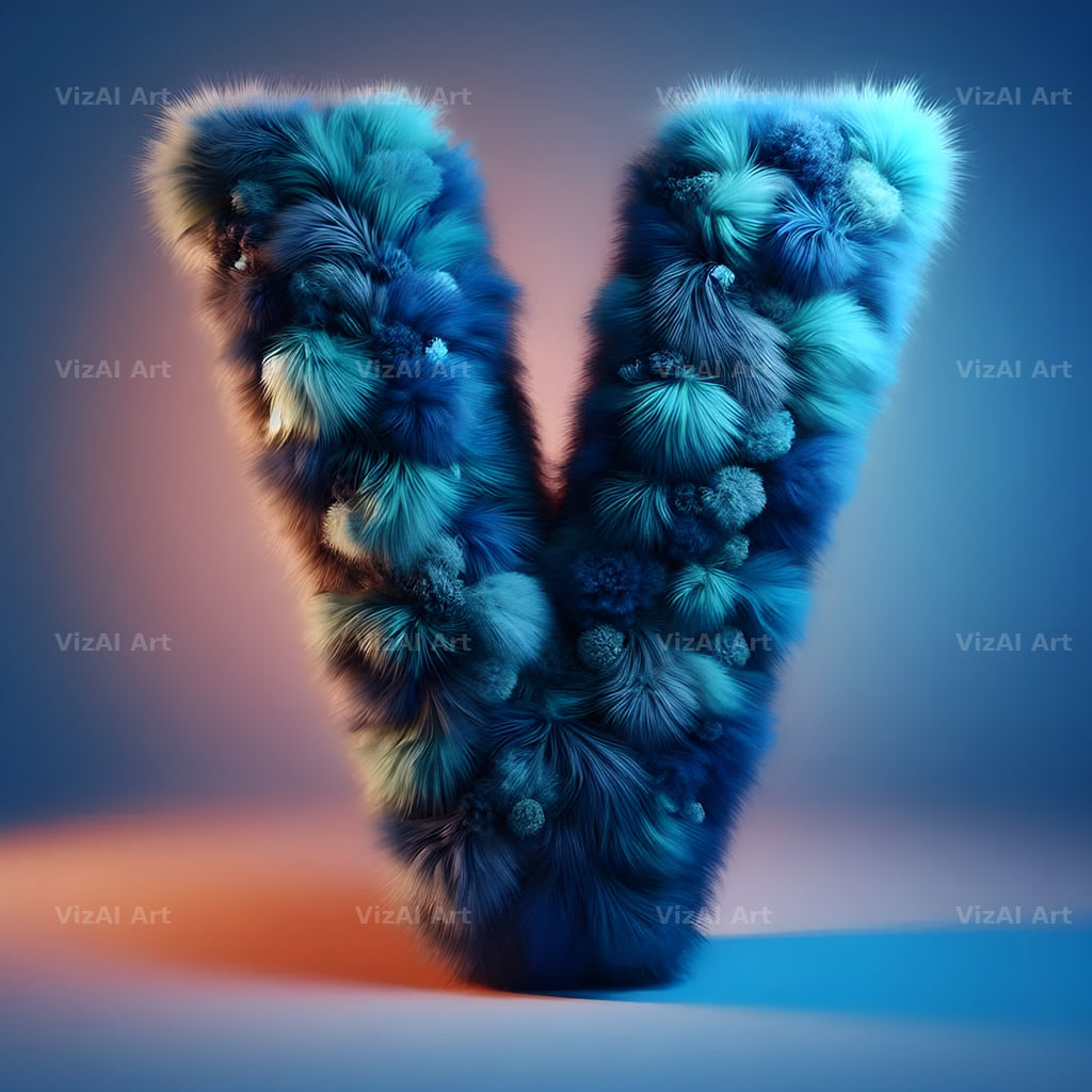 Blue Plush Fur alphabet letter V