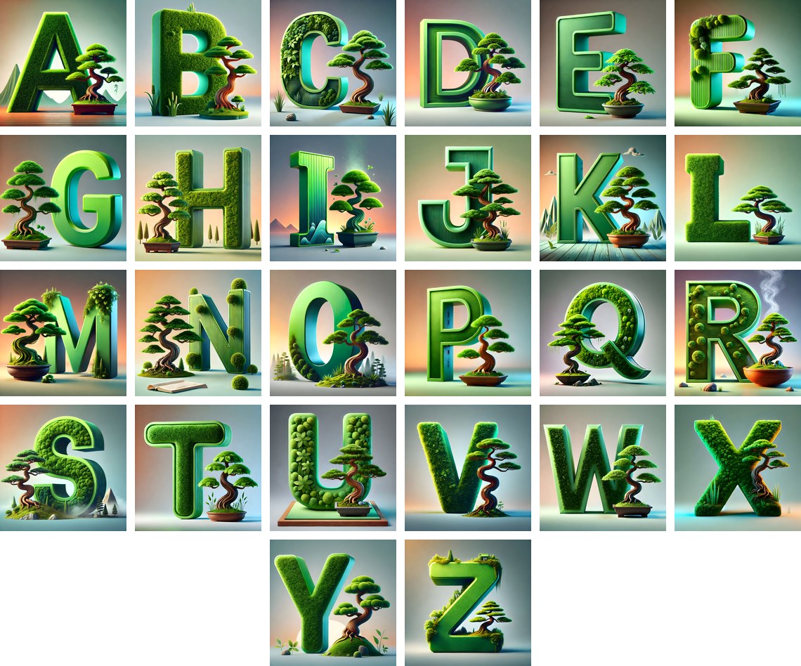 Bonsai Garden Moss alphabet — all 26 letters
