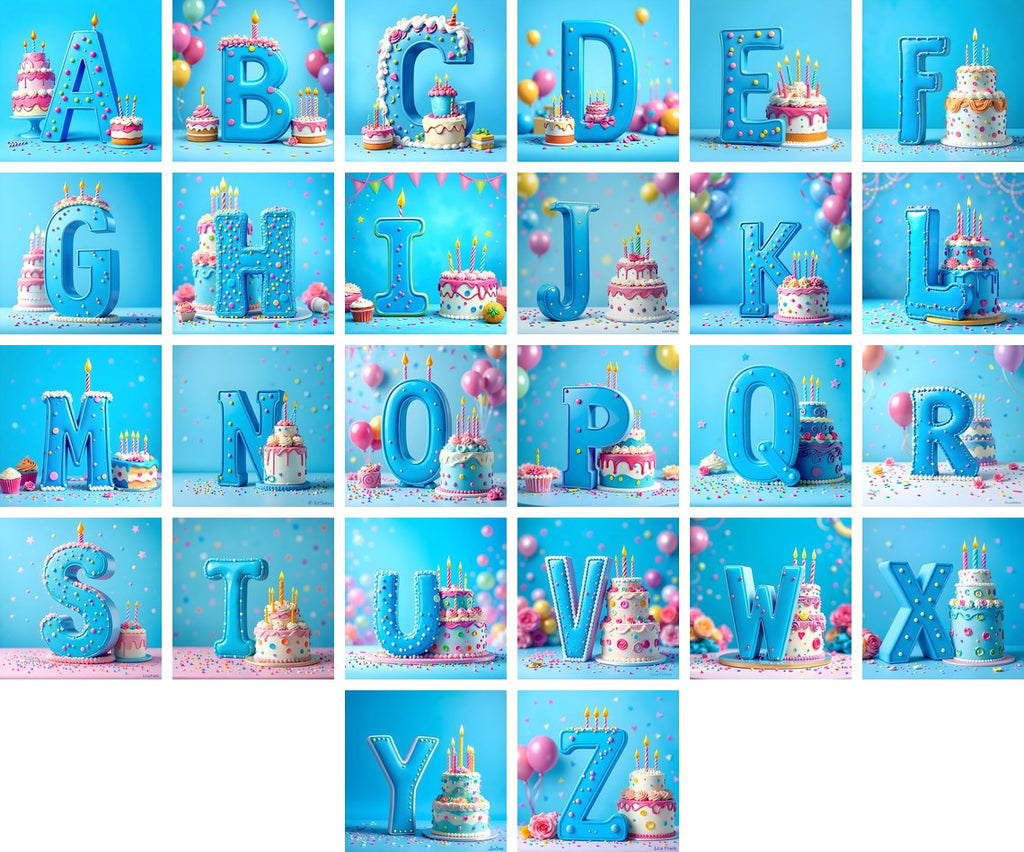 Birthday Cake Party alphabet — all 26 letters