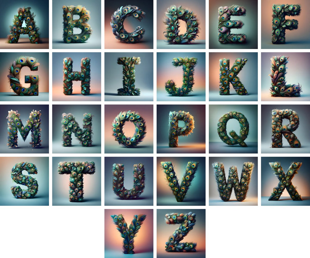 Peacock Plume Green alphabet — all 26 letters