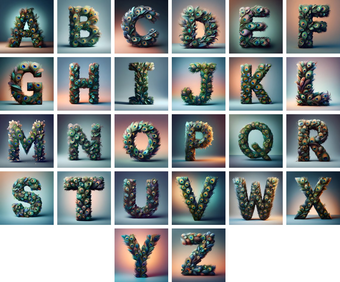 Peacock Plume Green alphabet — all 26 letters