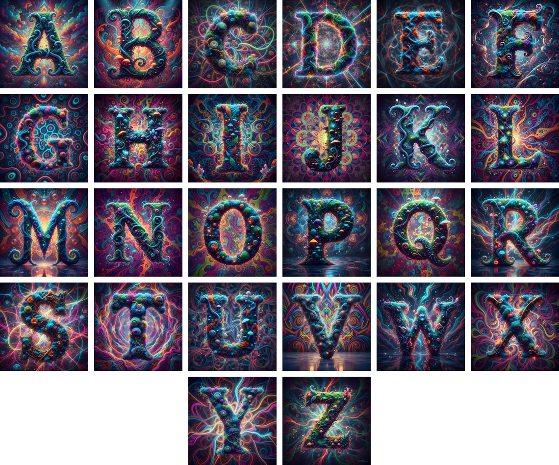 Psychedelic Swirl alphabet — all 26 letters