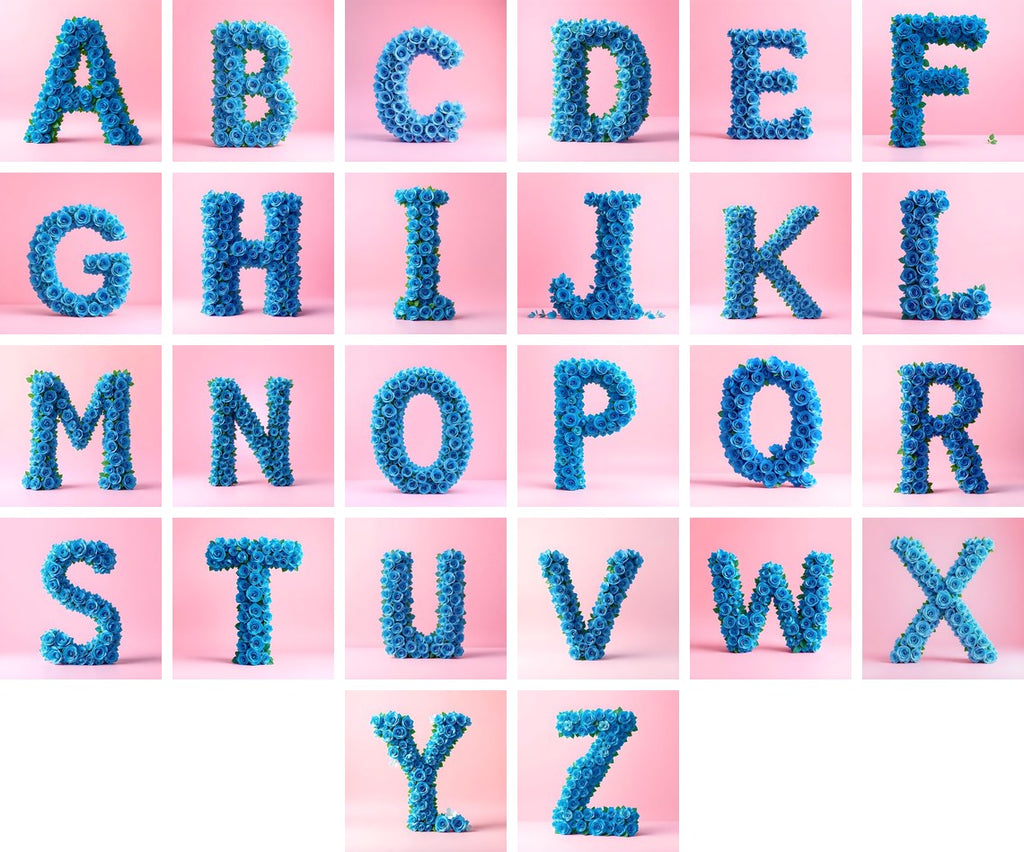 Blue Rose Bloom alphabet — all 26 letters