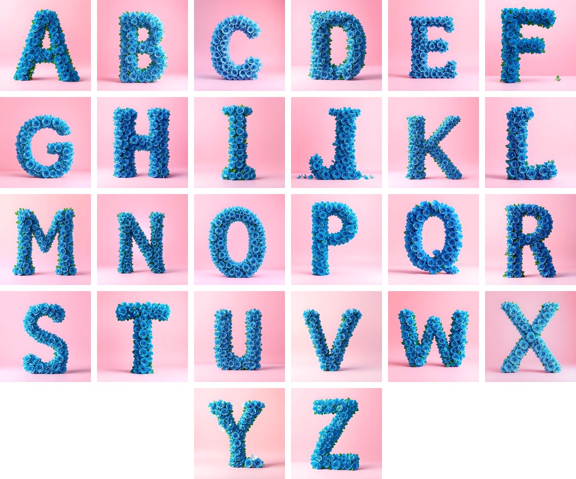 Blue Rose Bloom alphabet — all 26 letters