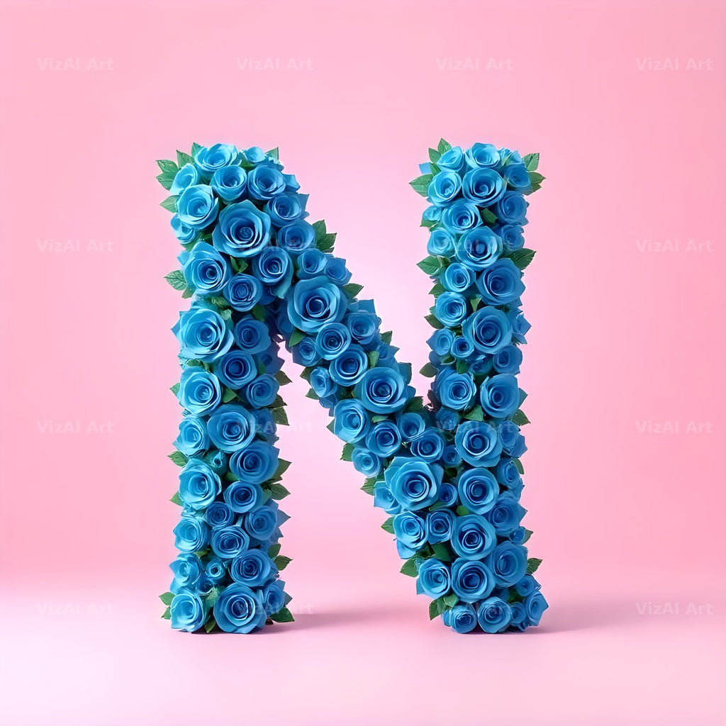 Blue Rose Bloom alphabet letter N