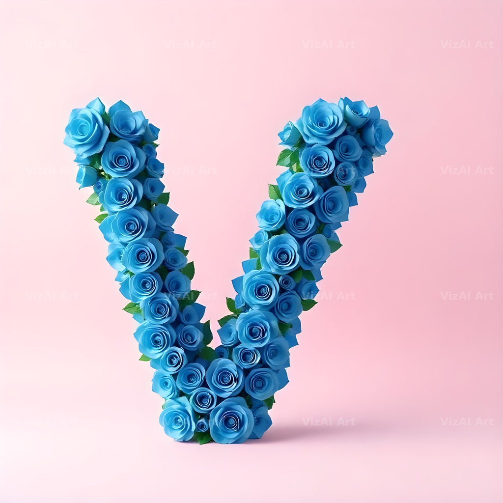 Blue Rose Bloom alphabet letter V